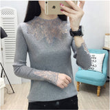 2019 Lace  Winter Turtleneck Rhinestone Pullovers Women Sexy Mesh Hollow out Autumn Sweaters Soft Tops Lady Long Sleeve Jumpers