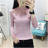 2019 Lace  Winter Turtleneck Rhinestone Pullovers Women Sexy Mesh Hollow out Autumn Sweaters Soft Tops Lady Long Sleeve Jumpers
